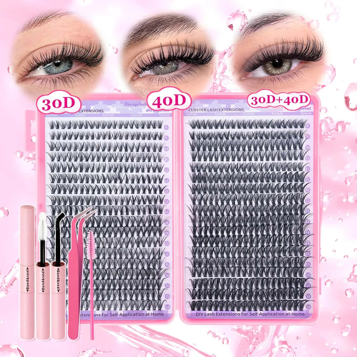 720/200pcs eyelash Extension Kit Fluffy Eyelash Extension kit with Lash Bond and Seal Lash Tweezers Thick Lash Clusters Wispy