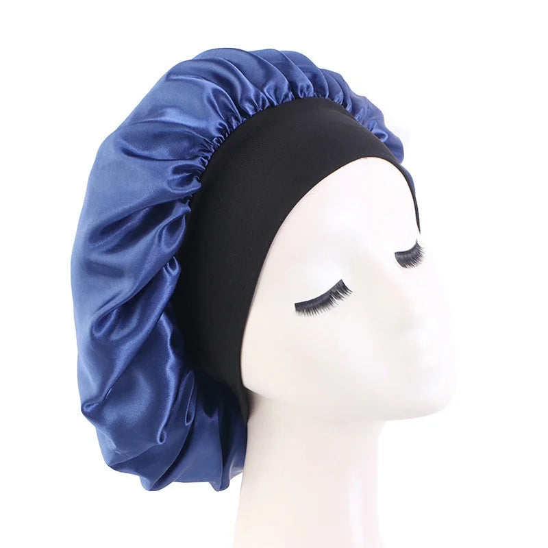 Women's Satin Solid Bonnets Wide-brimmed Night Sleeping Bathing Hat Unisex Head Wrap Elastic Band Cap Hair Care Bonnet