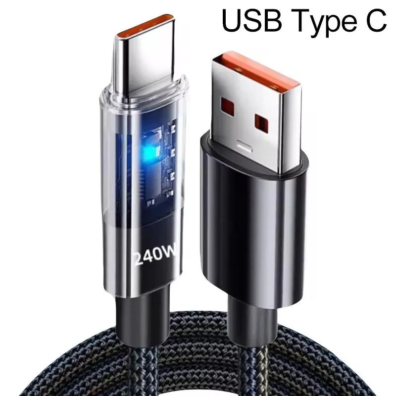 240W Nylon Cable USB Type C Super Fast Charging Cable For Samsung Xiaomi Huawei Honor LED Digital Display Fast Charger Data Cord