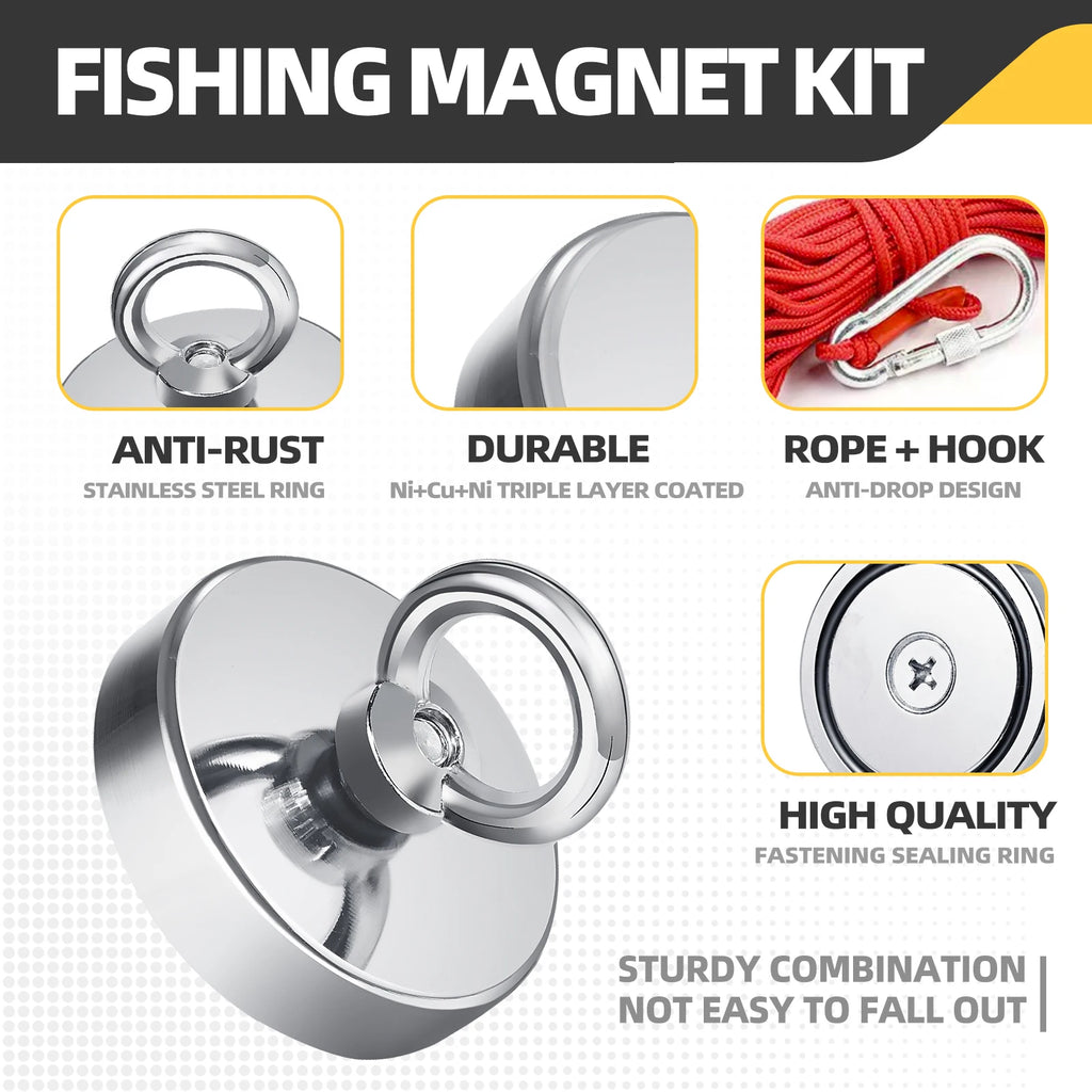 D16~D42mm Super Strong Neodymium Fishing Magnet N52 Heavy Duty Rare Earth Magnet with Countersunk Hole Eyebolt Salvage Magnetic