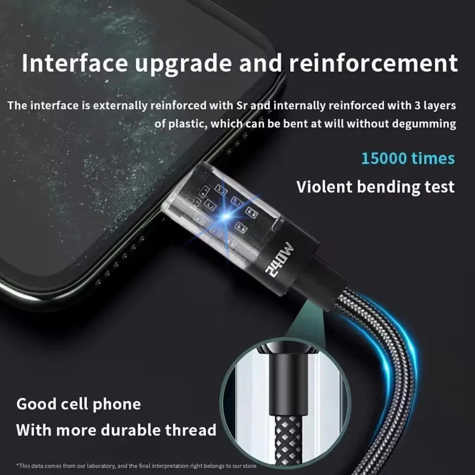 240W Nylon Cable USB Type C Super Fast Charging Cable For Samsung Xiaomi Huawei Honor LED Digital Display Fast Charger Data Cord